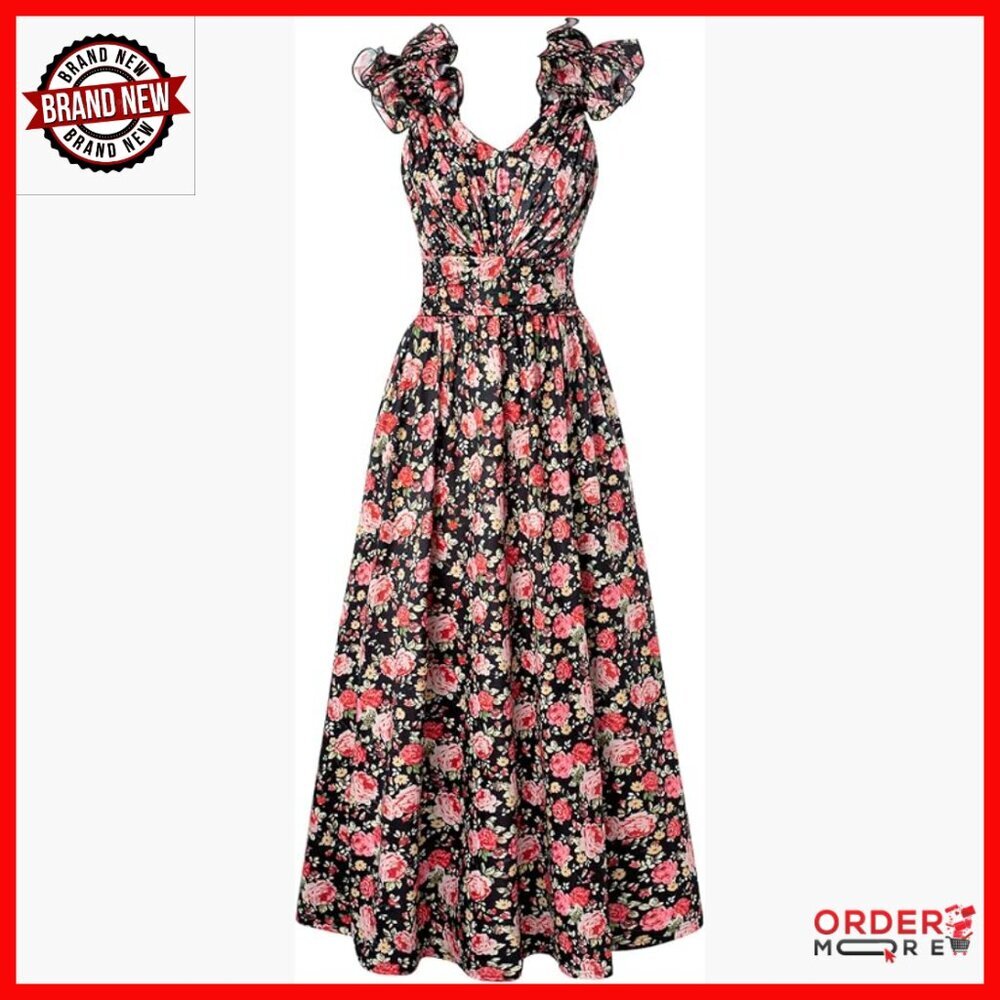 Sleeveless Floral Maxi Dress with Ruffles, Pockets, Ankle Length